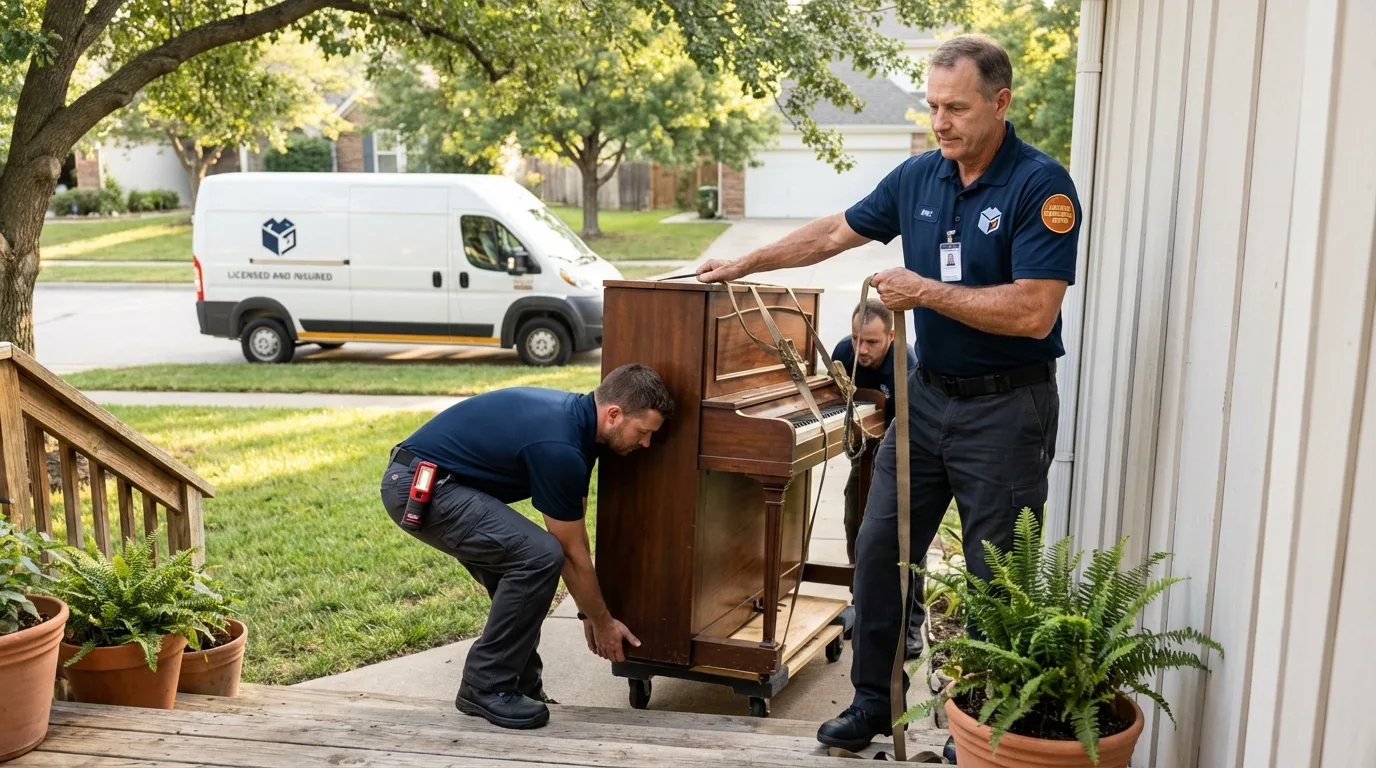 Licensed piano movers securing grand piano in Beaver, UT