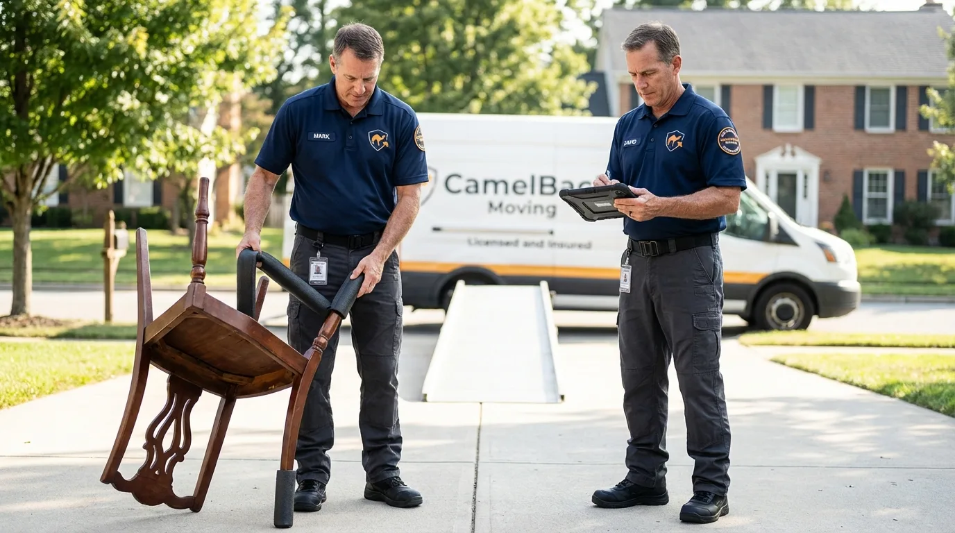 Movers inspecting furniture for damage prevention before loading in Beaver, UT
