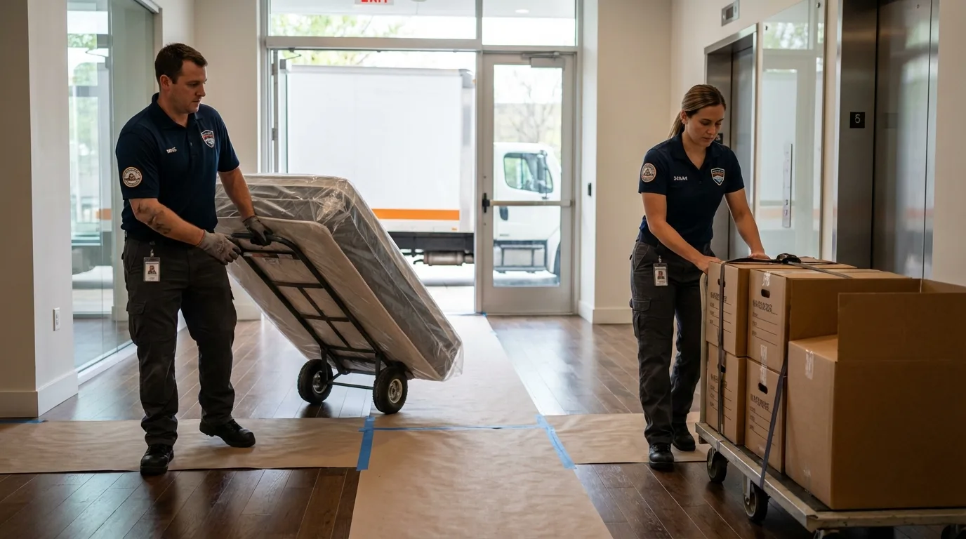 Professional apartment movers loading elevator in Beaver, UT